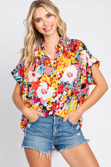 Black Abstract Floral Button Down Top