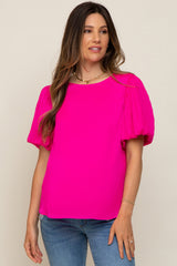 Fuchsia Satin Pleated Puff Short Sleeve Maternity Blouse