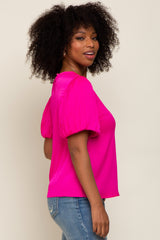 Fuchsia Satin Pleated Puff Short Sleeve Blouse