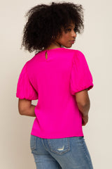 Fuchsia Satin Pleated Puff Short Sleeve Blouse