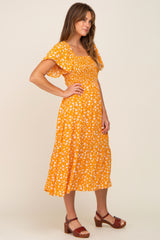 Yellow Floral Smocked Midi Dress