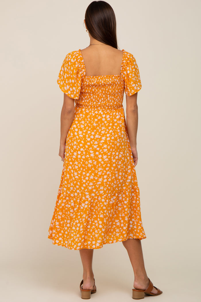 Yellow Floral Smocked Maternity Midi Dress