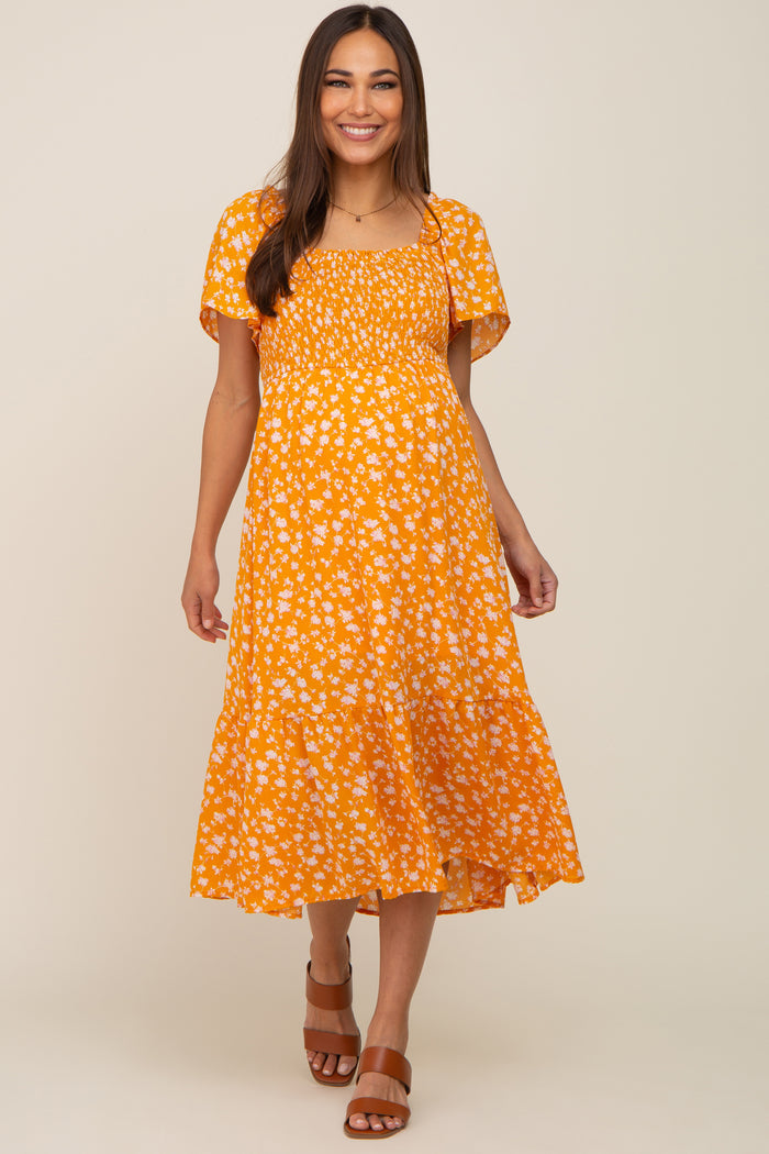 Yellow Floral Smocked Maternity Midi Dress