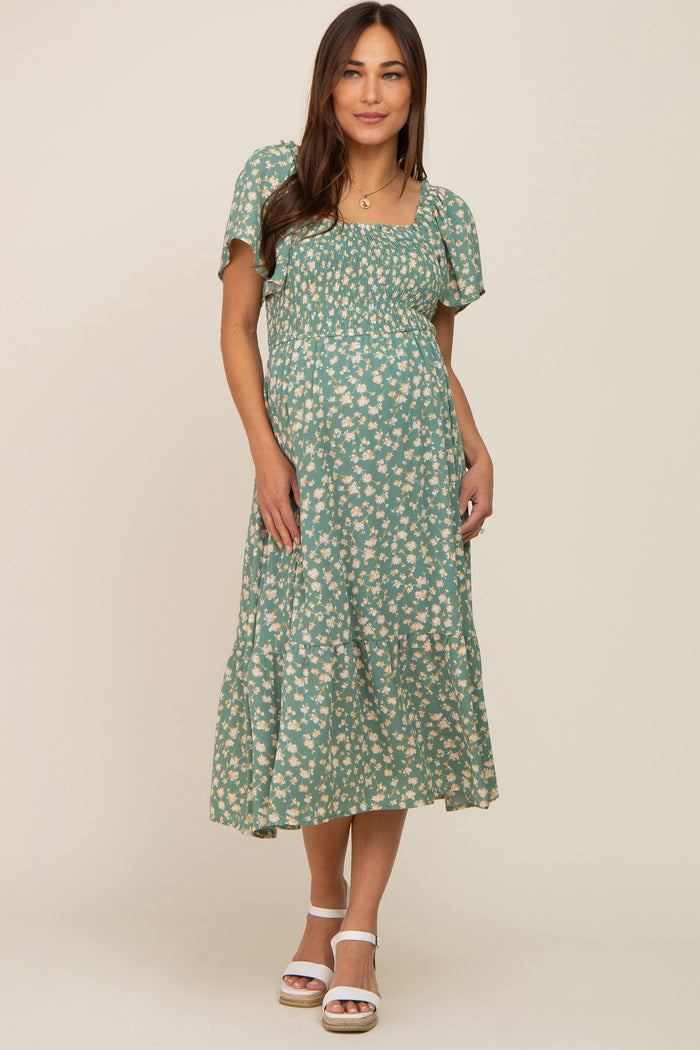 Light Olive Floral Smocked Maternity Midi Dress