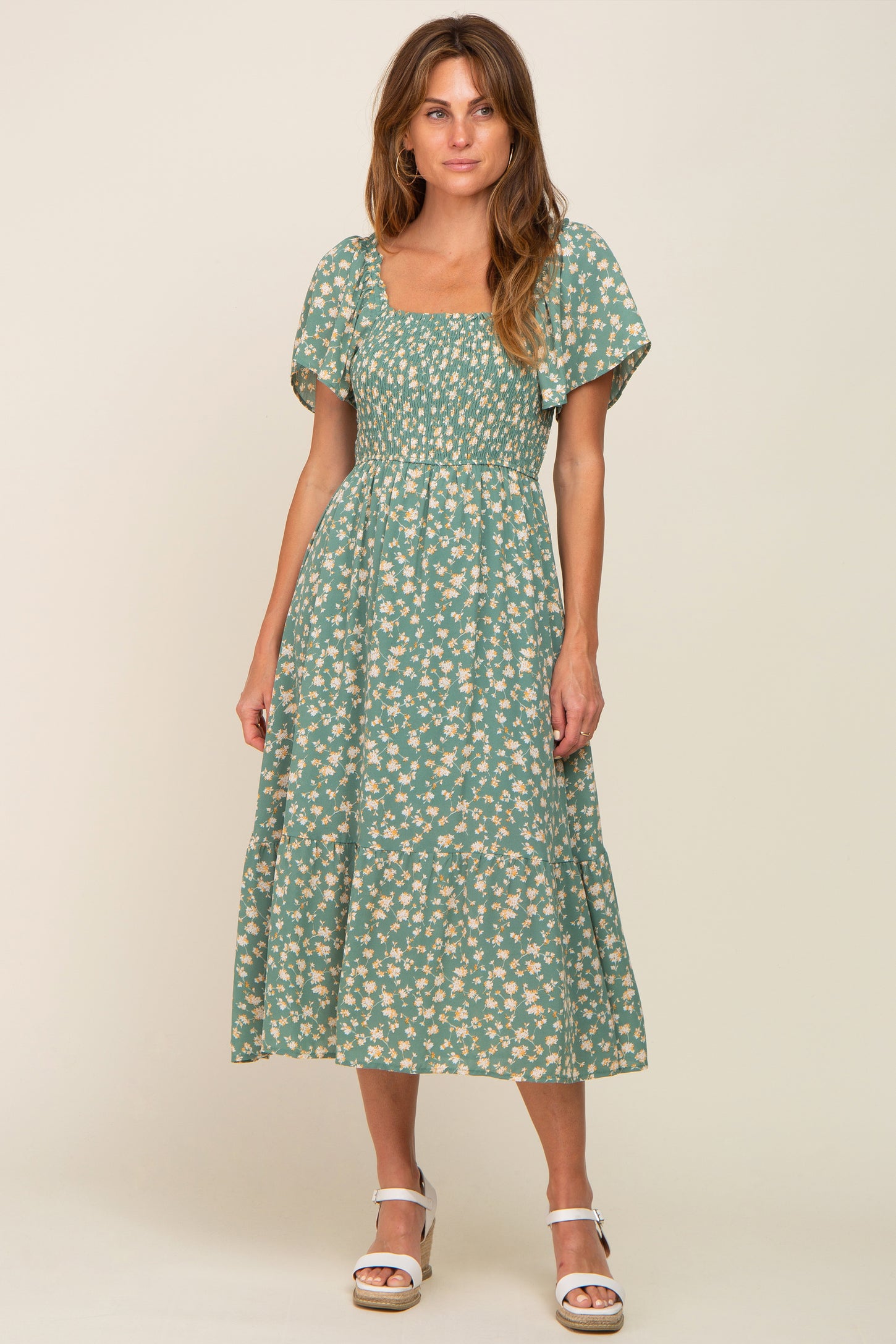 Light Olive Floral Smocked Maternity Midi Dress