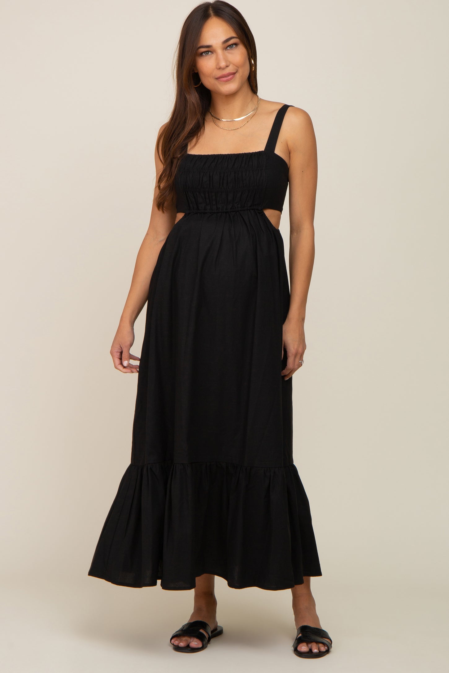 Black Sleeveless Cutout Ruffle Hem Maternity Maxi Dress