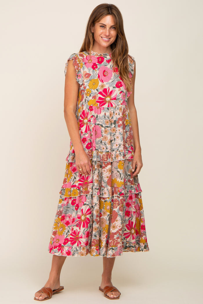 Pink Retro Floral Ruffle Tiered Midi Dress