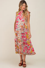 Pink Retro Floral Ruffle Tiered Maternity Midi Dress