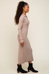 Taupe Ribbed Knit Collared Fitted Midi Dress