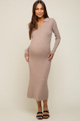 Taupe Ribbed Knit Collared Fitted Maternity Midi Dress