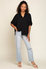 Black Button Up Dolman Short Sleeve Top