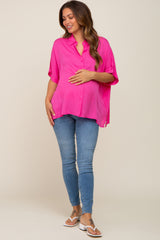 Fuchsia Button Up Dolman Short Sleeve Maternity Top