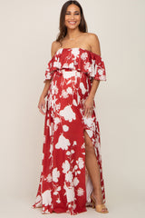 Rust Floral Overlay Off-Shoulder Side Slit Maternity Maxi Dress