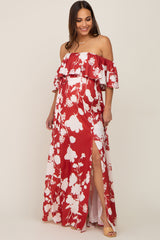 Rust Floral Overlay Off-Shoulder Side Slit Maternity Maxi Dress