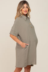 Sage Linen Front Button Collared Maternity Dress