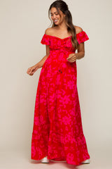 Red Floral Smocked Cinched Top Maternity Maxi Dress