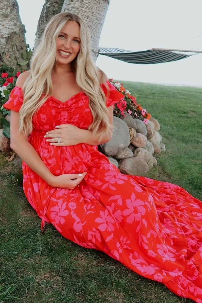 Red Floral Smocked Cinched Top Maternity Maxi Dress
