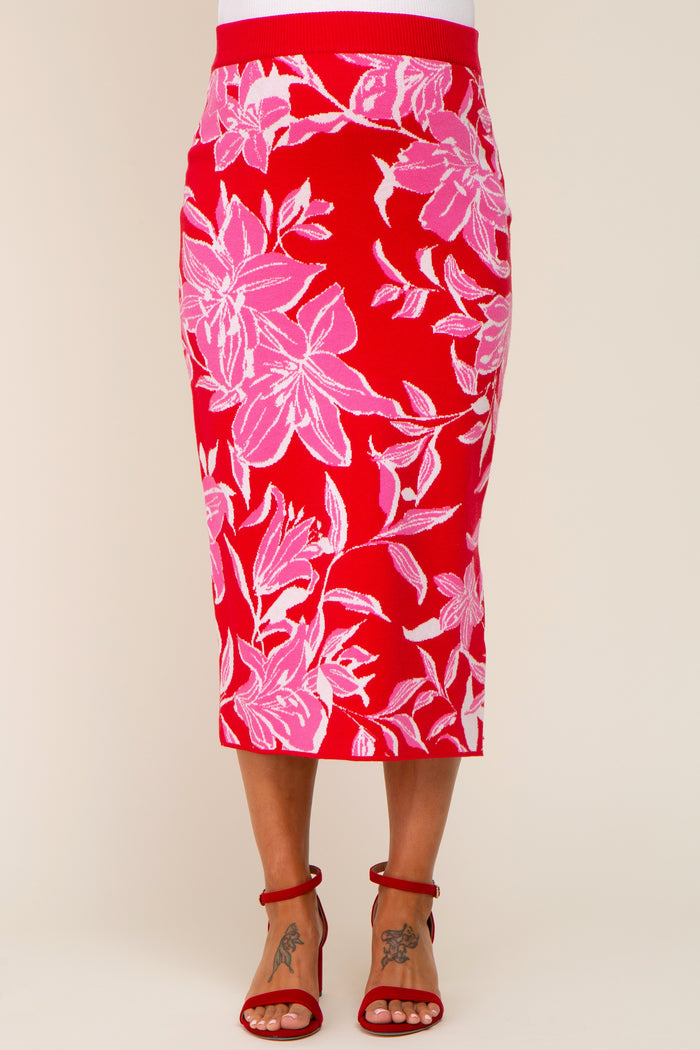 maternity wear red floral pencil skirt with a mid-length fit and pink floral patterns