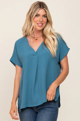 Teal Oversized V-Neck Maternity Blouse