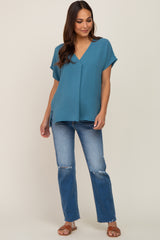 Teal Oversized V-Neck Maternity Blouse