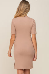 Taupe Ribbed Basic Short Sleeve Maternity Dress