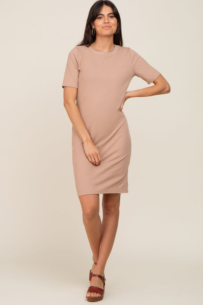 Taupe Ribbed Basic Short Sleeve Dress