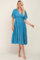 Blue Ruffle Tiered V-Neck Maternity Midi Dress