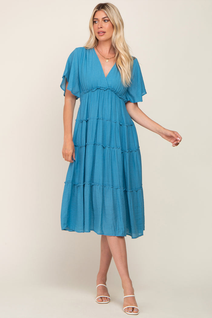 Blue Ruffle Tiered V-Neck Maternity Midi Dress