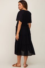 Black Ruffle Tiered V-Neck Maternity Midi Dress