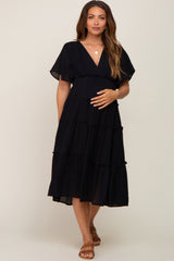 Black Ruffle Tiered V-Neck Maternity Midi Dress