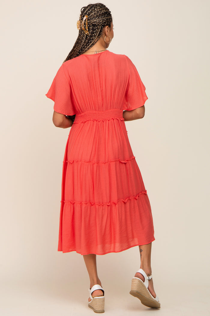 Coral Ruffle Tiered V-Neck Midi Dress