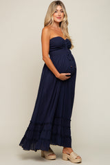 Navy Smocked Cutout Back Maternity Maxi Dress