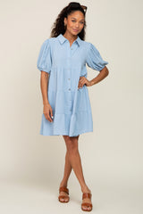 Light Blue Collared Button Front Tiered Maternity Dress