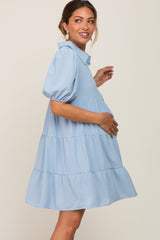 Light Blue Collared Button Front Tiered Maternity Dress