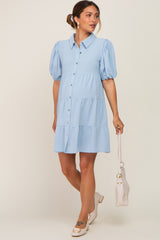 Light Blue Collared Button Front Tiered Maternity Dress