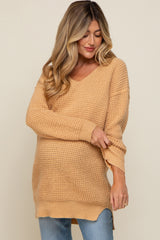 Peach Chunky Knit V-Neck Side Slit Long Maternity Sweater