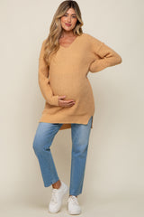 Peach Chunky Knit V-Neck Side Slit Long Maternity Sweater