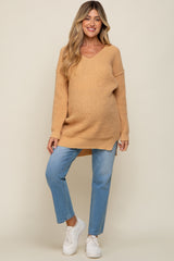 Peach Chunky Knit V-Neck Side Slit Long Maternity Sweater