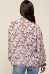 Brown Leaf Print Mock Neck Long Sleeve Maternity Blouse