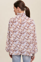 Brown Leaf Print Mock Neck Long Sleeve Blouse