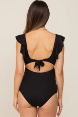 Black Ribbed Cutout Flutter One Piece Maternity Swimsuit