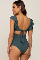 Green Ribbed Cutout Flutter One Piece Maternity Swimsuit