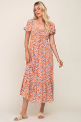 Coral Floral Sweetheart Drawstring Neck Short Sleeve Maternity Midi Dress