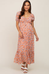 Coral Floral Sweetheart Drawstring Neck Short Sleeve Maternity Midi Dress