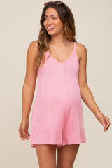 Pink Ribbed V-Neck Maternity Romper