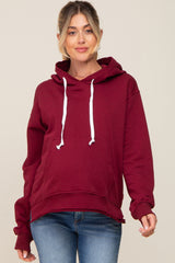 Burgundy Raw Edge Trim Maternity Drawstring Hoodie