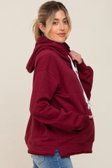 Burgundy Raw Edge Trim Maternity Drawstring Hoodie