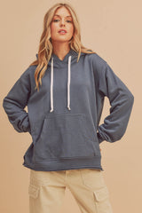 Blue Raw Edge Trim Drawstring Hoodie