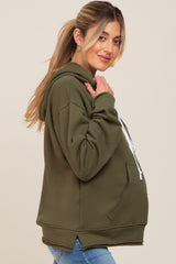 Olive Raw Edge Trim Maternity Drawstring Hoodie