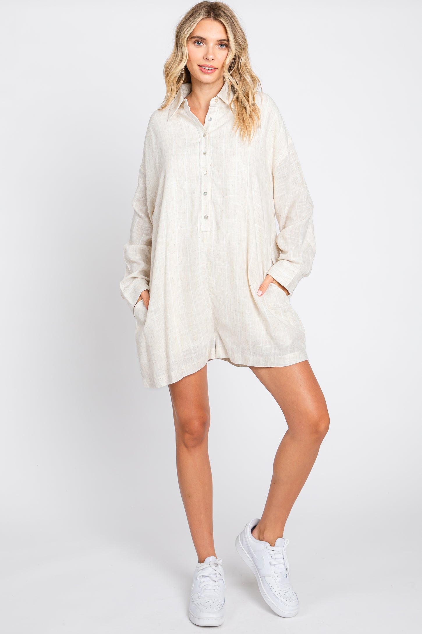 Beige Button Front Long Sleeve Linen Romper